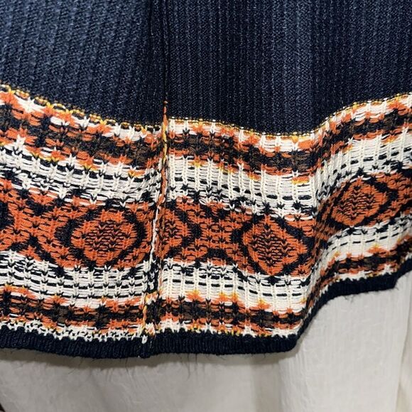 Lucky Brand Navy Orange White Gold Aztec Ribbed Knit Open Front Pocket Cardigan - Picture 8 of 12